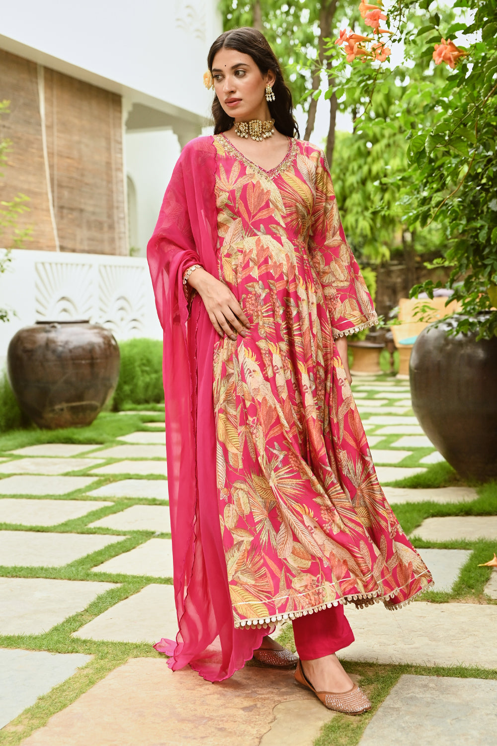 Fuchsia Pink Color Muslin Printed Anarkali Suit