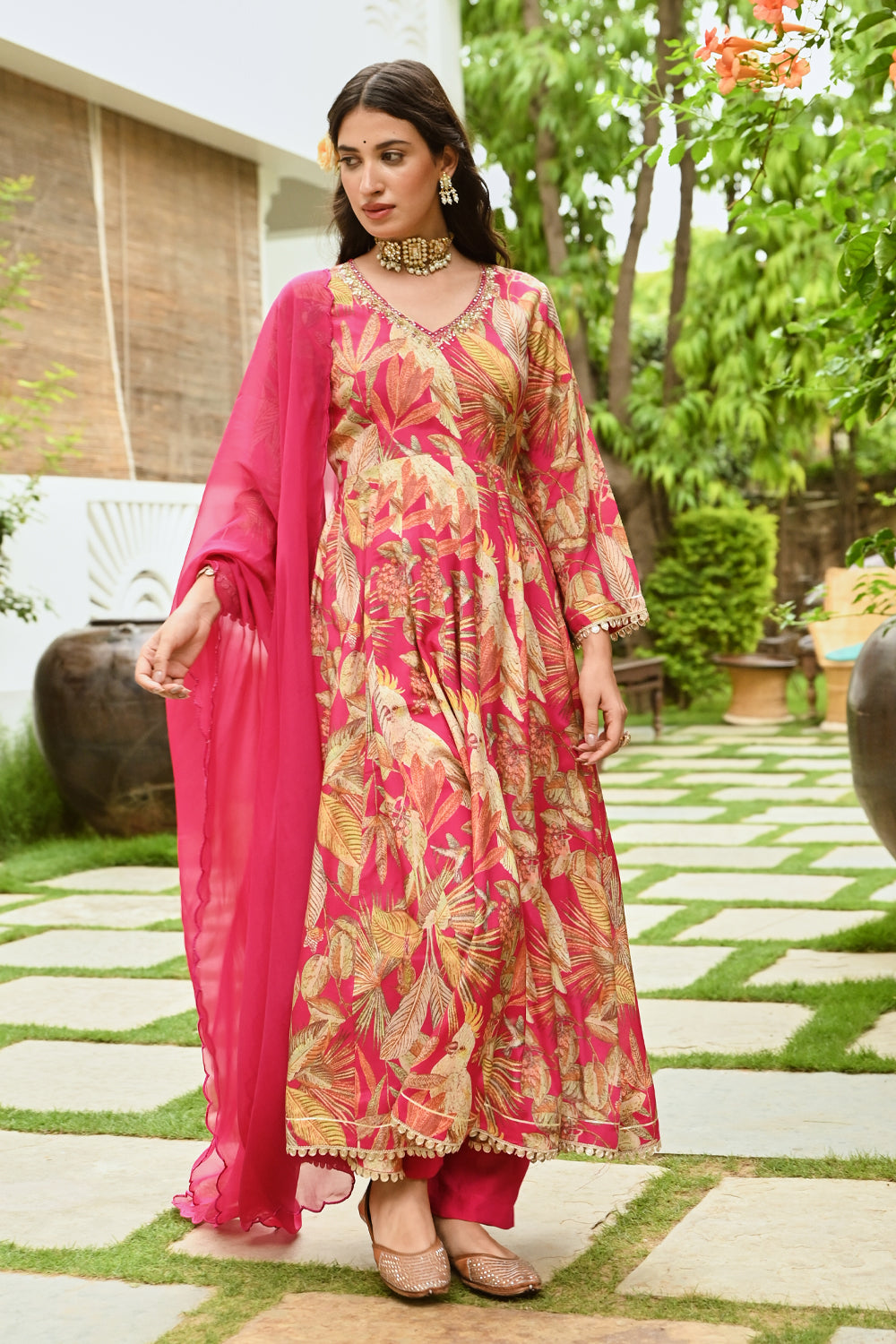 Fuchsia Pink Color Muslin Printed Anarkali Suit