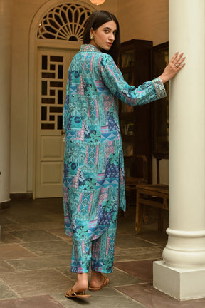 Turquoise Color Muslin Printed Co-Ord Dress