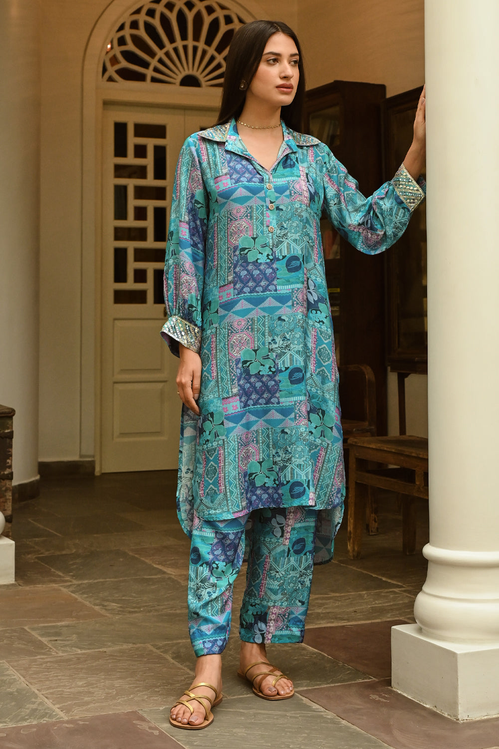 Turquoise Color Muslin Printed Co-Ord Dress