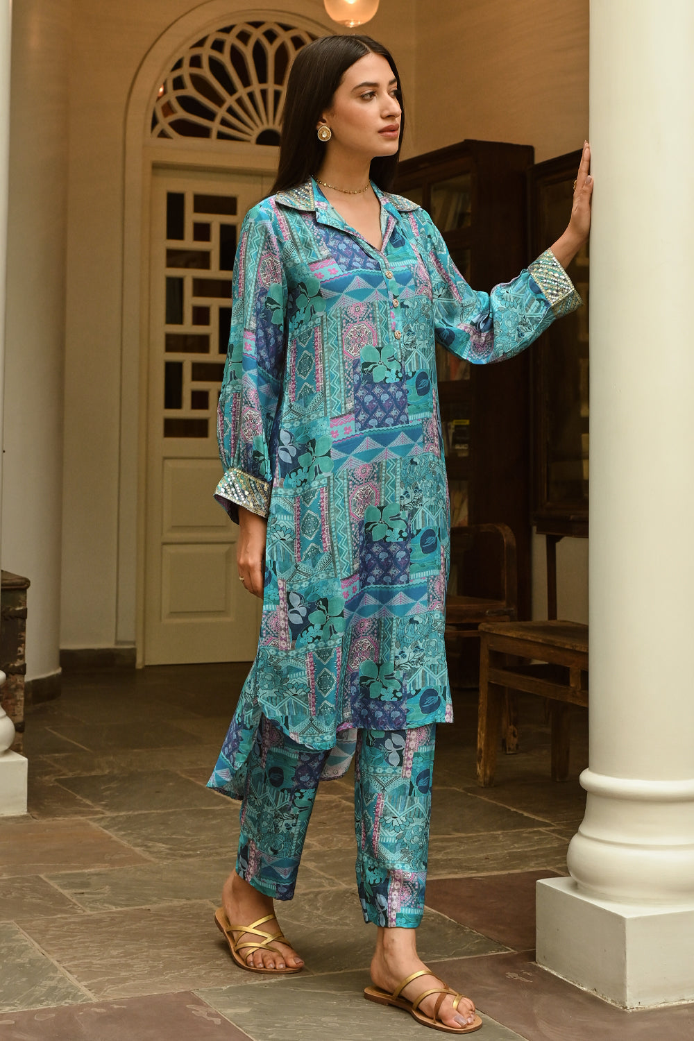 Turquoise Color Muslin Printed Co-Ord Dress