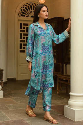 Turquoise Color Muslin Printed Co-Ord Dress