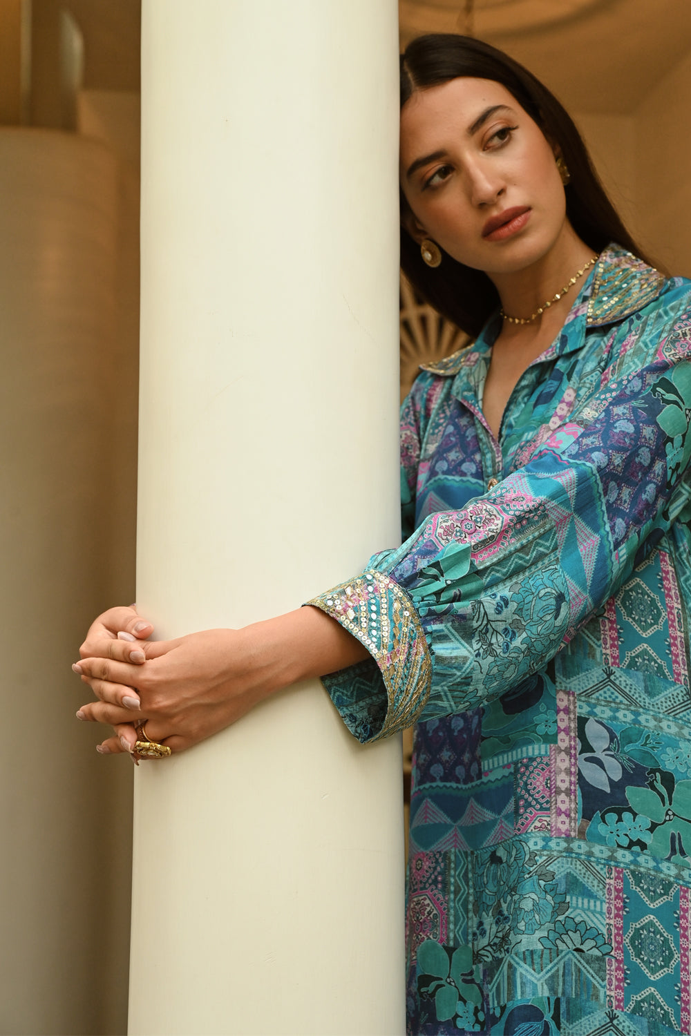 Turquoise Color Muslin Printed Co-Ord Dress