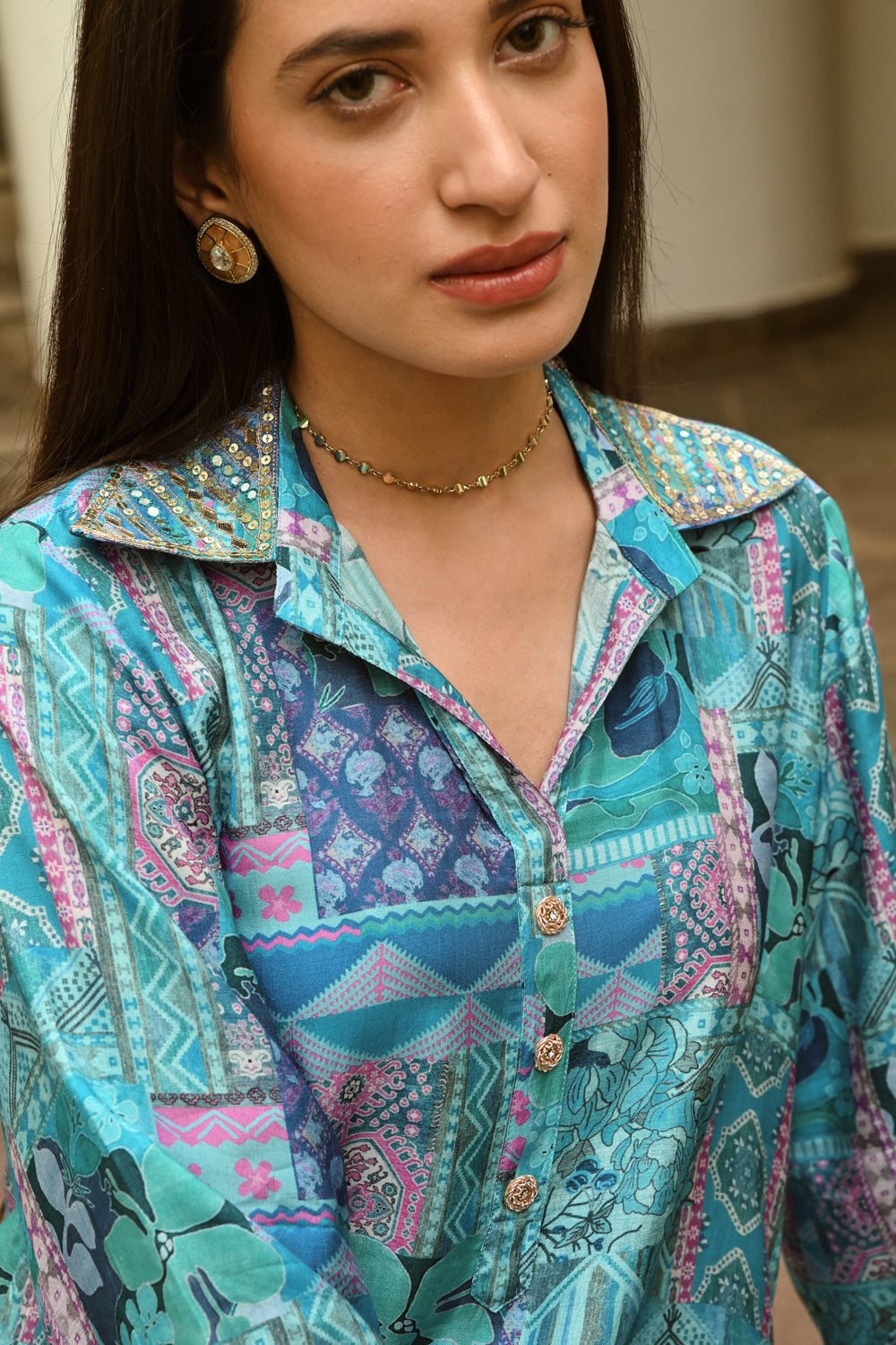 Turquoise Color Muslin Printed Co-Ord Dress