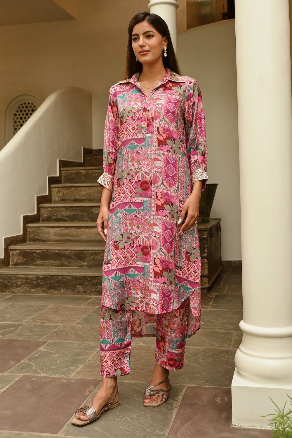 Pink Colour Muslin Printed Co-Ord Dress
