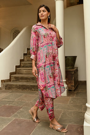 Pink Colour Muslin Printed Co-Ord Dress