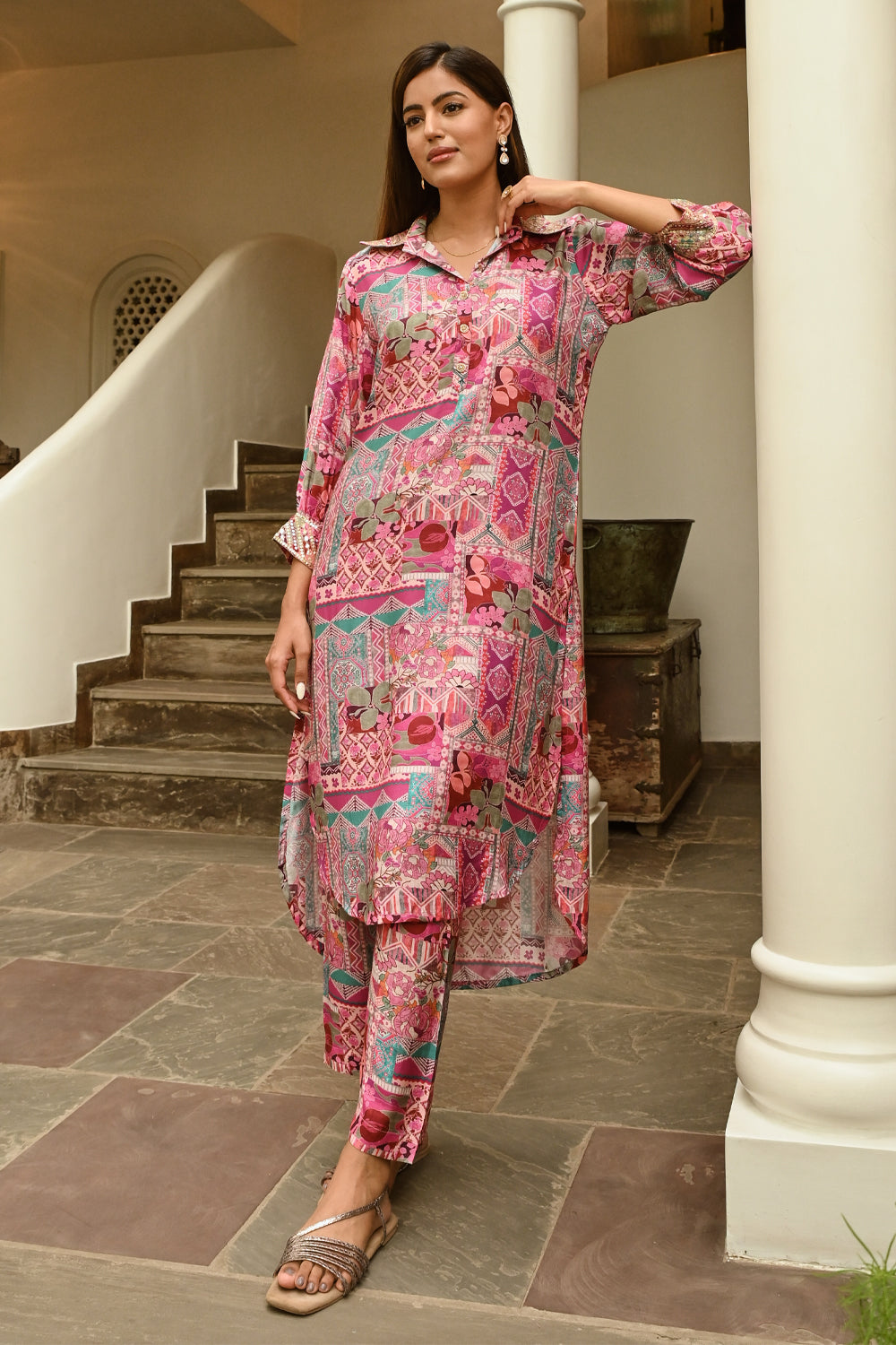 Pink Colour Muslin Printed Co-Ord Dress
