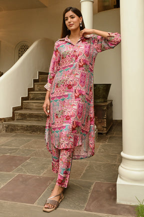 Pink Colour Muslin Printed Co-Ord Dress