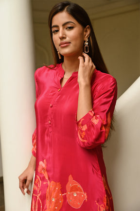 Fuchsia Pink Colour Printed Muslin Co-Ord Dress