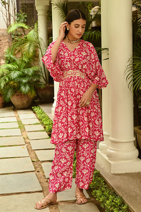 Pink Colour Printed Muslin Co-Ord Dress