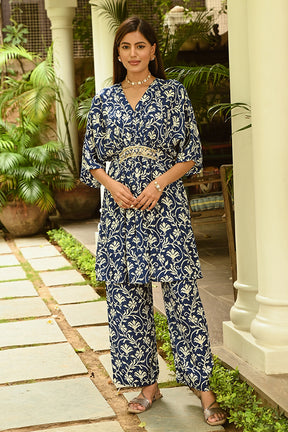 Navy Colour Printed Muslin Co-Ord Dress