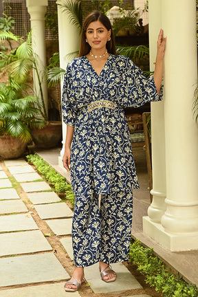 Navy Colour Printed Muslin Co-Ord Dress