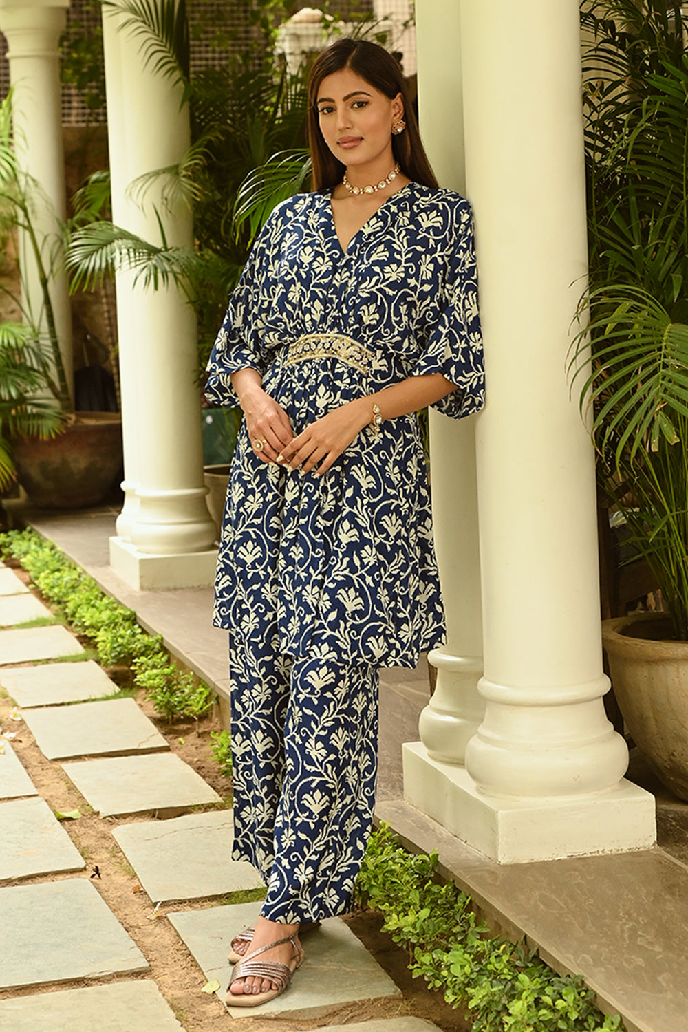 Navy Colour Printed Muslin Co-Ord Dress