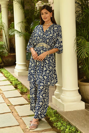 Navy Colour Printed Muslin Co-Ord Dress