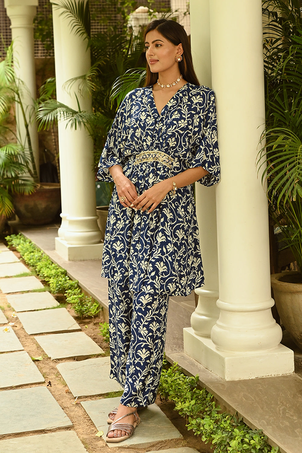Navy Colour Printed Muslin Co-Ord Dress