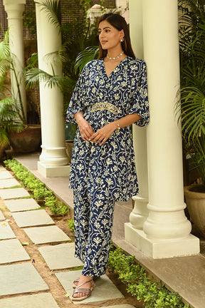 Navy Colour Printed Muslin Co-Ord Dress