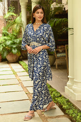 Navy Colour Printed Muslin Co-Ord Dress