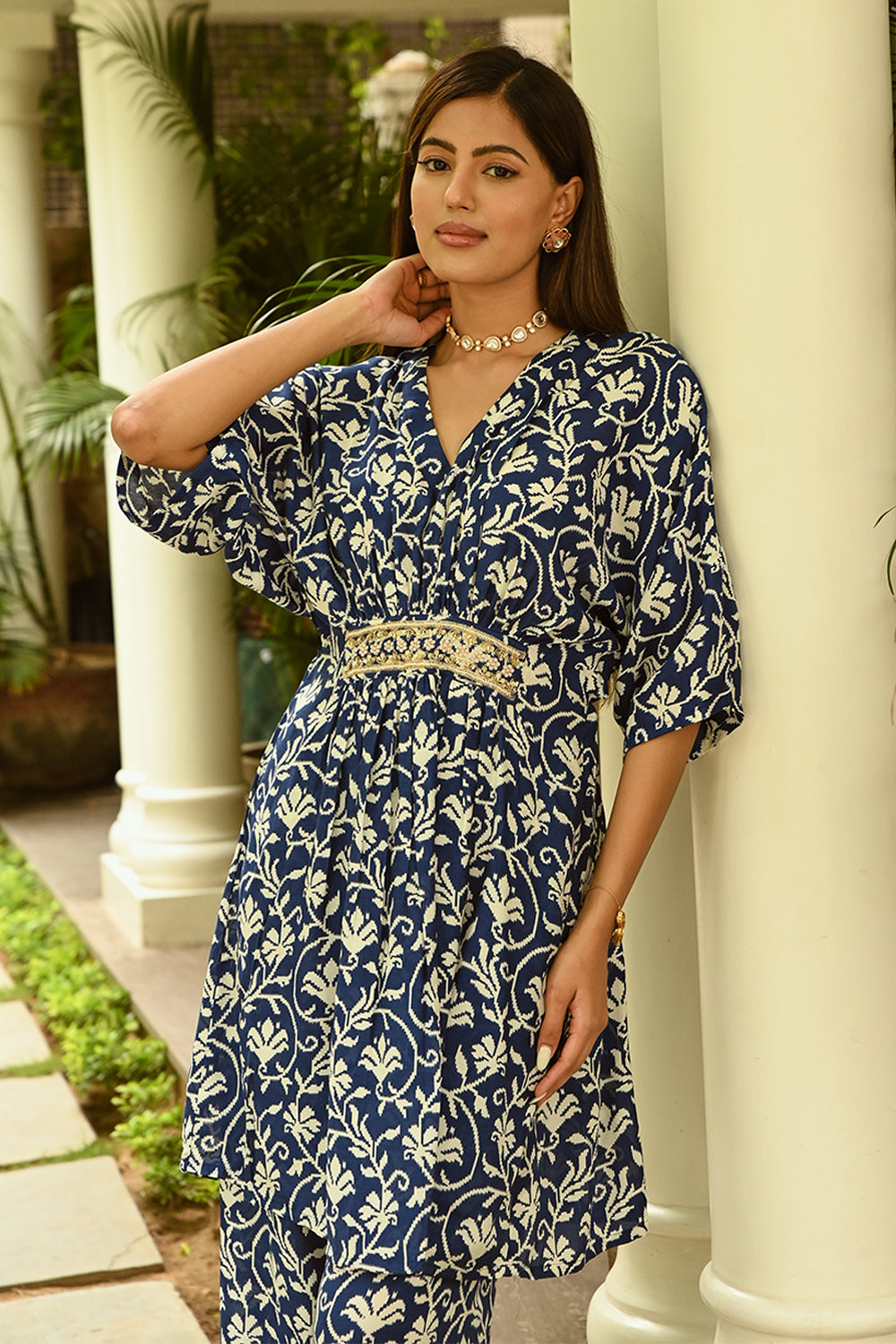 Navy Colour Printed Muslin Co-Ord Dress