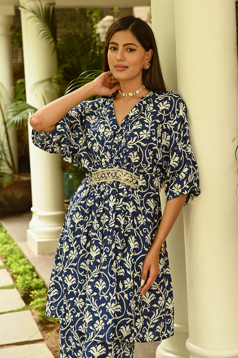 Navy Colour Printed Muslin Co-Ord Dress