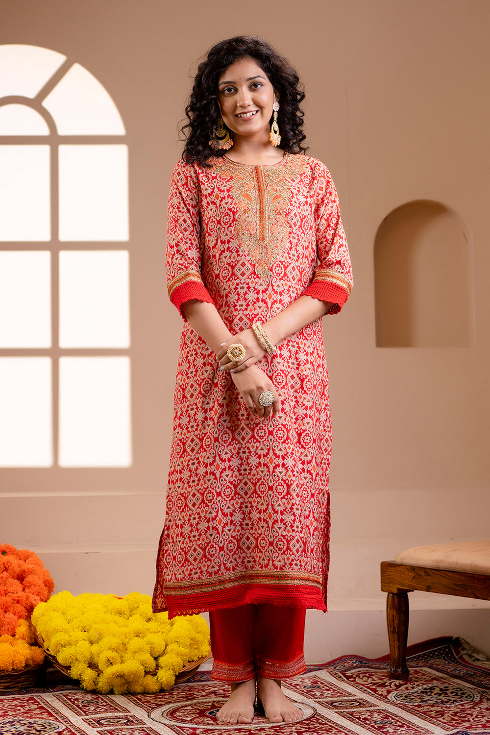 Red Colour Muslin Printed Straight Suit