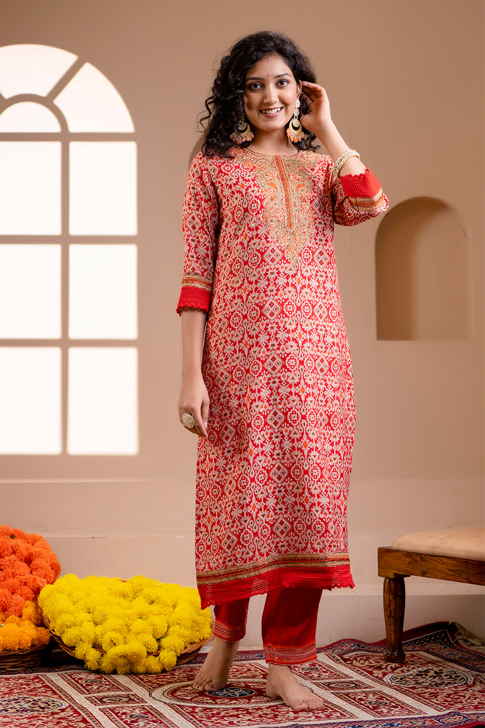 Red Colour Muslin Printed Straight Suit