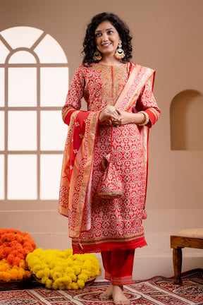 Red Colour Muslin Printed Straight Suit