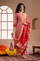 Red Colour Muslin Printed Straight Suit