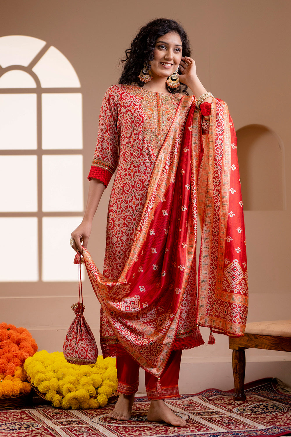 Red Colour Muslin Printed Straight Suit