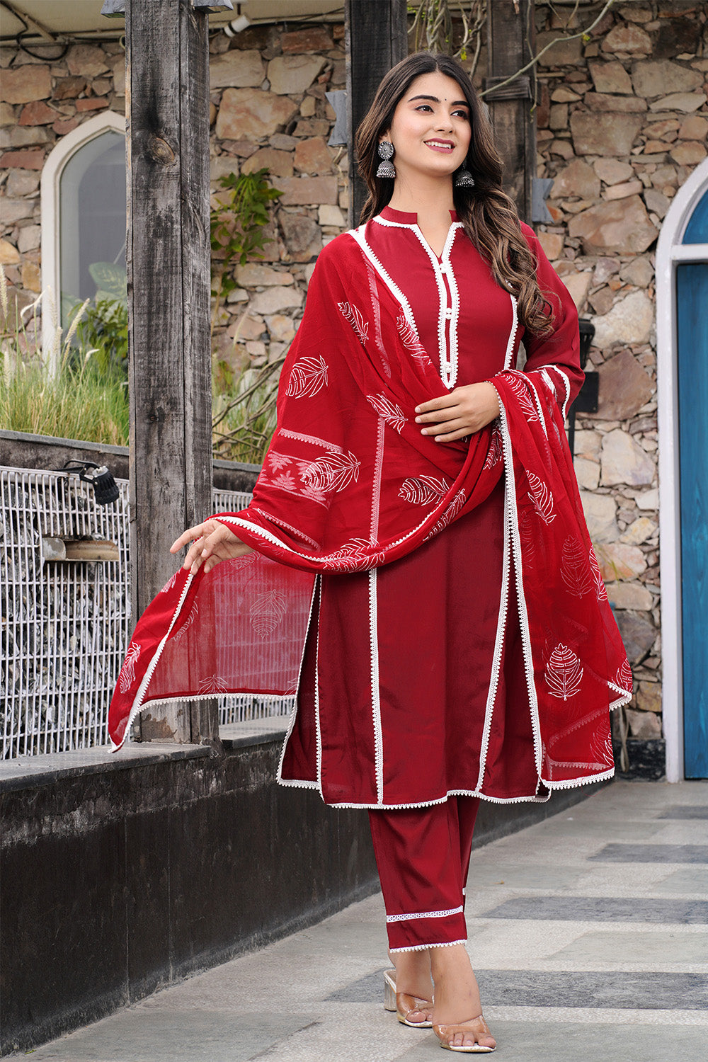 Maroon Color Cotton Straight Suit