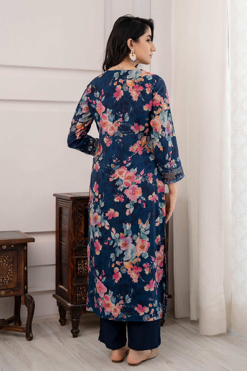 Navy Blue Color Muslin Printed Suit