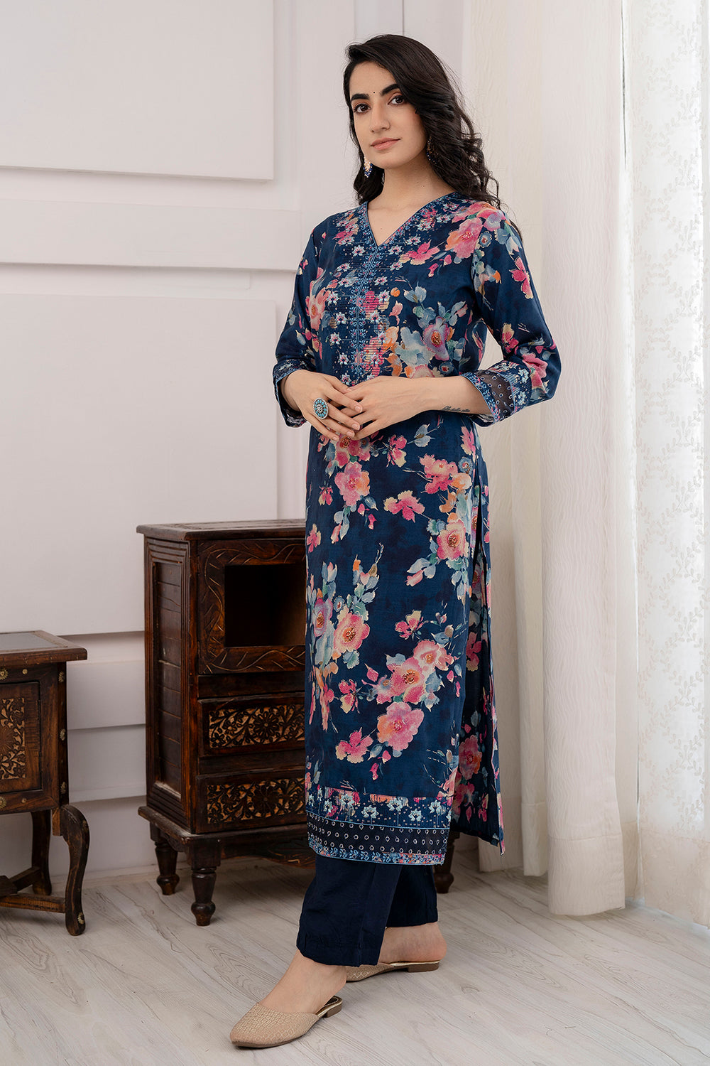 Navy Blue Color Muslin Printed Suit