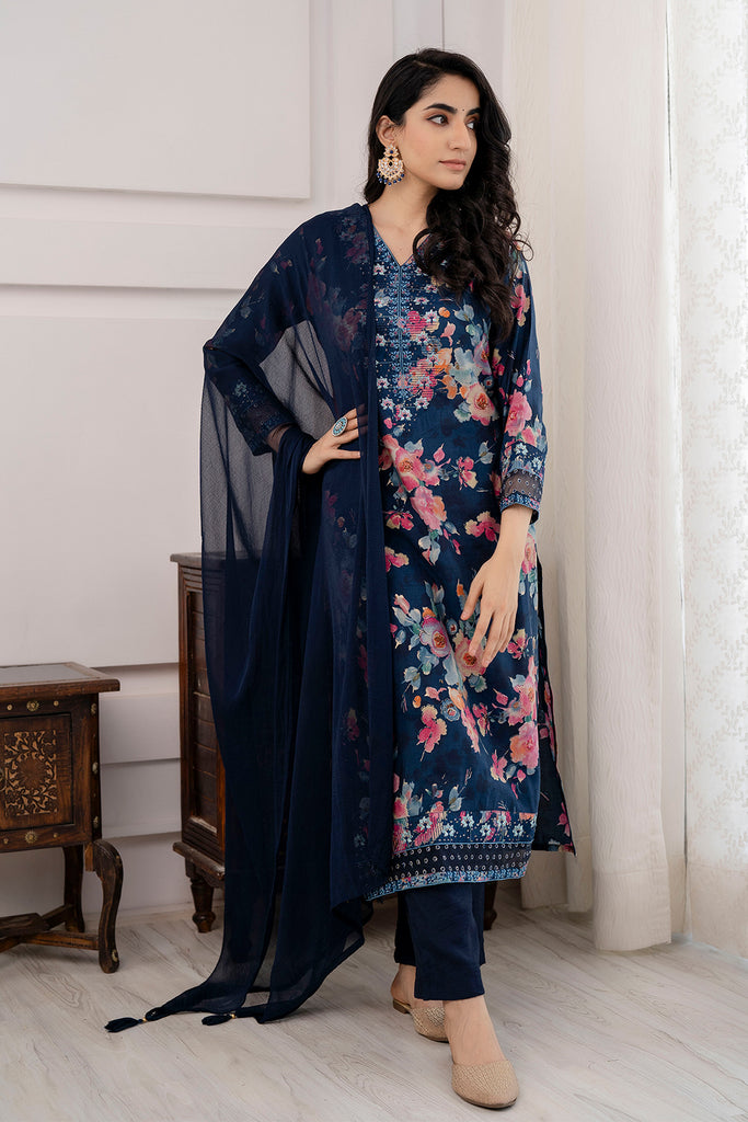 Navy Blue Color Muslin Printed Suit