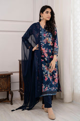 Navy Blue Color Muslin Printed Suit
