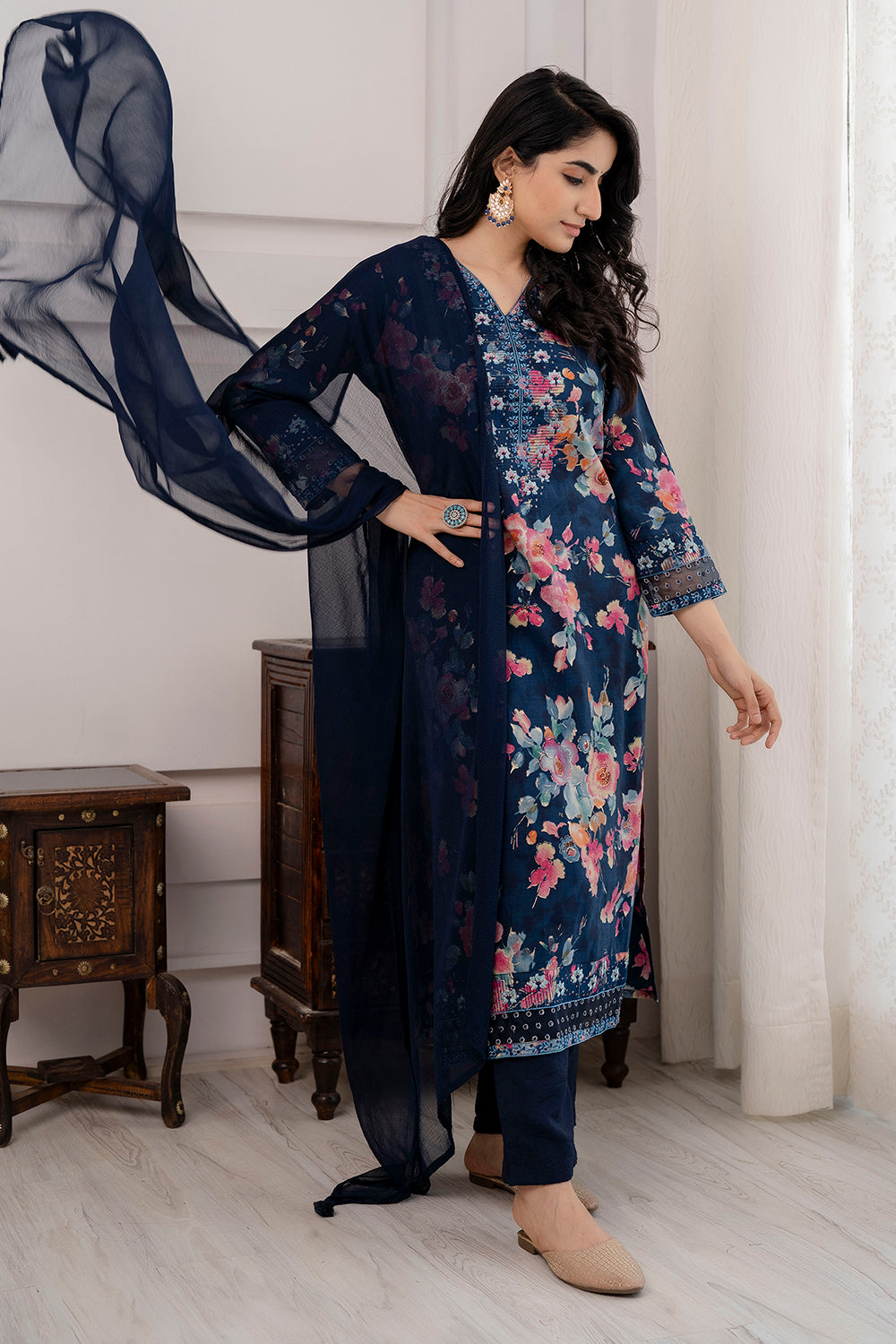 Navy Blue Color Muslin Printed Suit