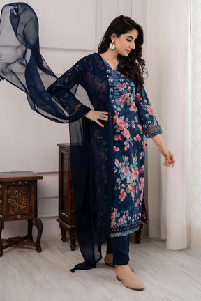 Navy Blue Color Muslin Printed Suit