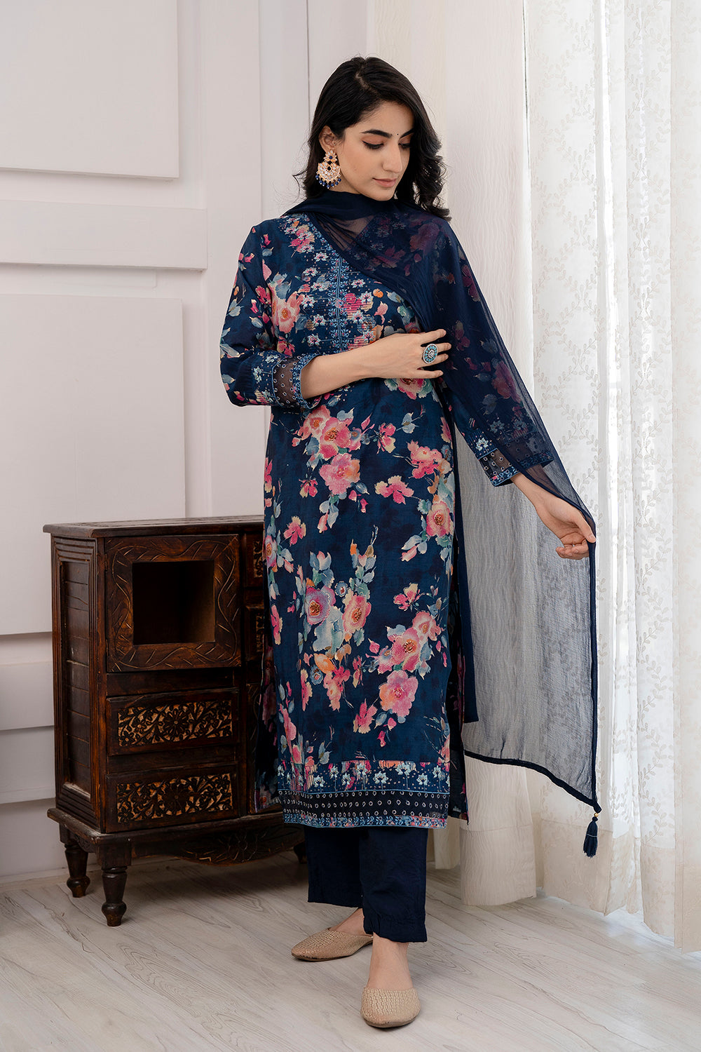 Navy Blue Color Muslin Printed Suit