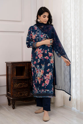 Navy Blue Color Muslin Printed Suit