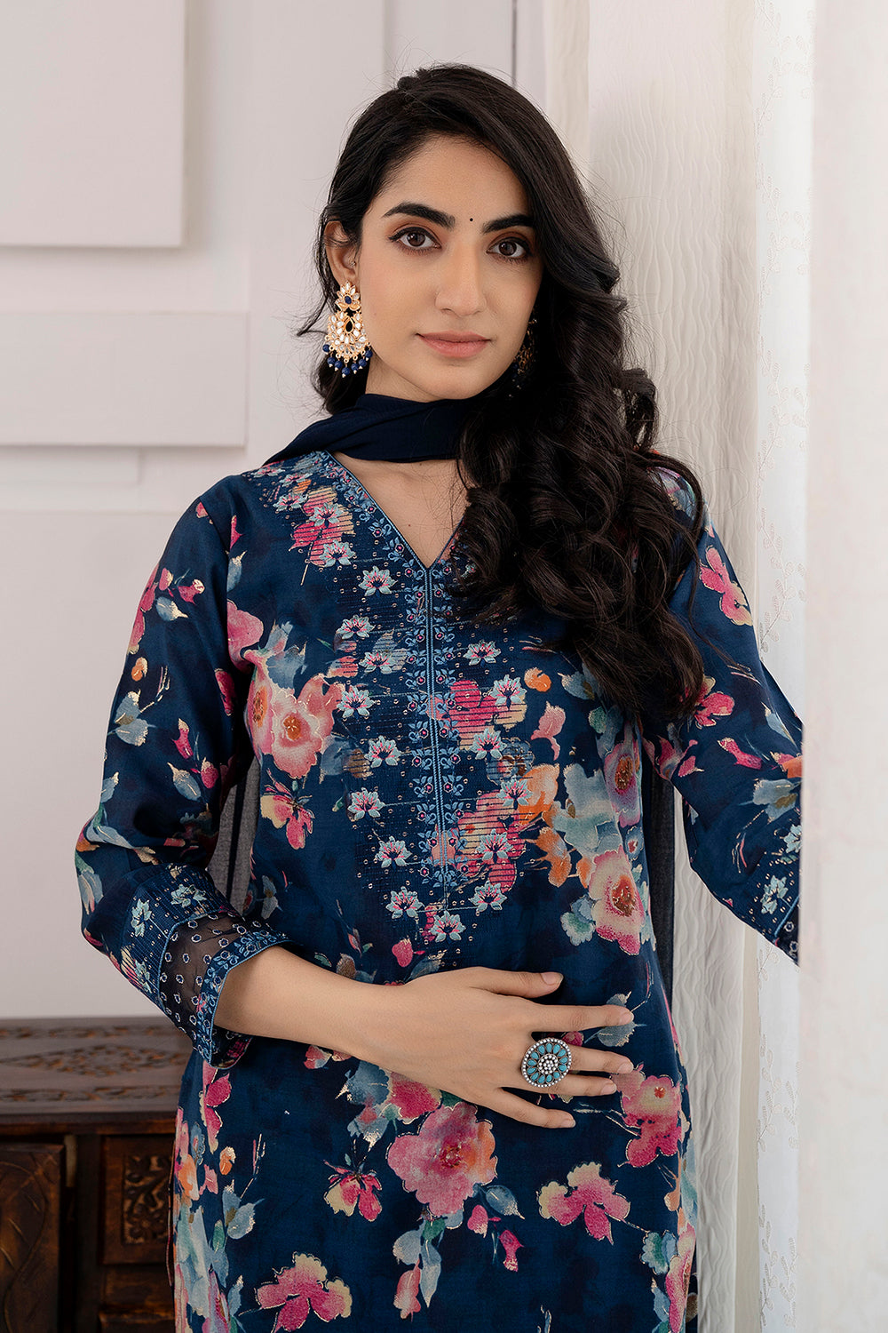 Navy Blue Color Muslin Printed Suit