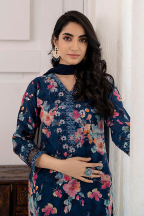 Navy Blue Color Muslin Printed Suit