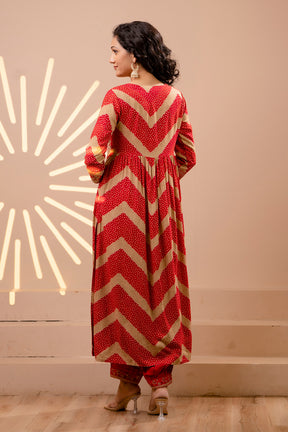 Red Color Muslin Alia-Cut Printed Straight Suit
