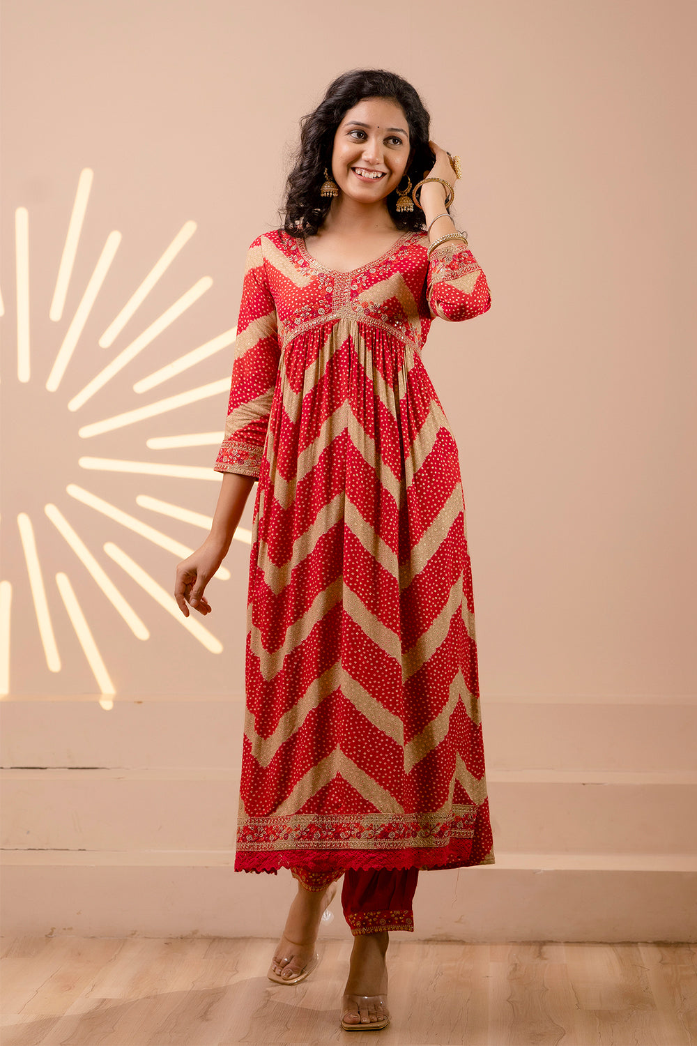Red Color Muslin Alia-Cut Printed Straight Suit