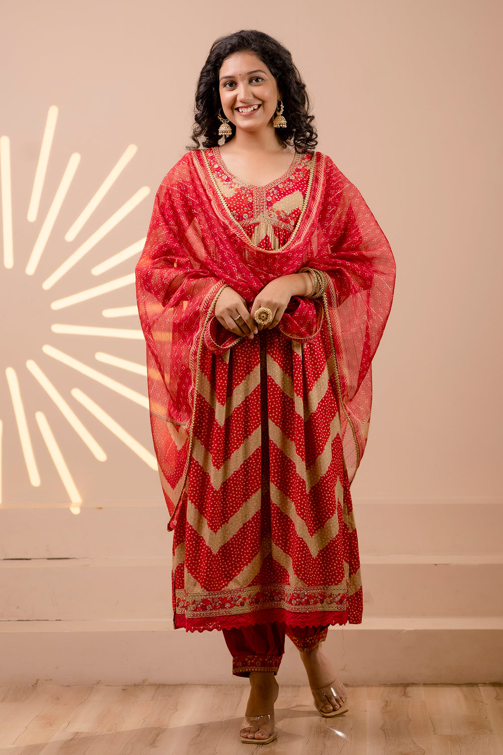 Red Color Muslin Alia-Cut Printed Straight Suit