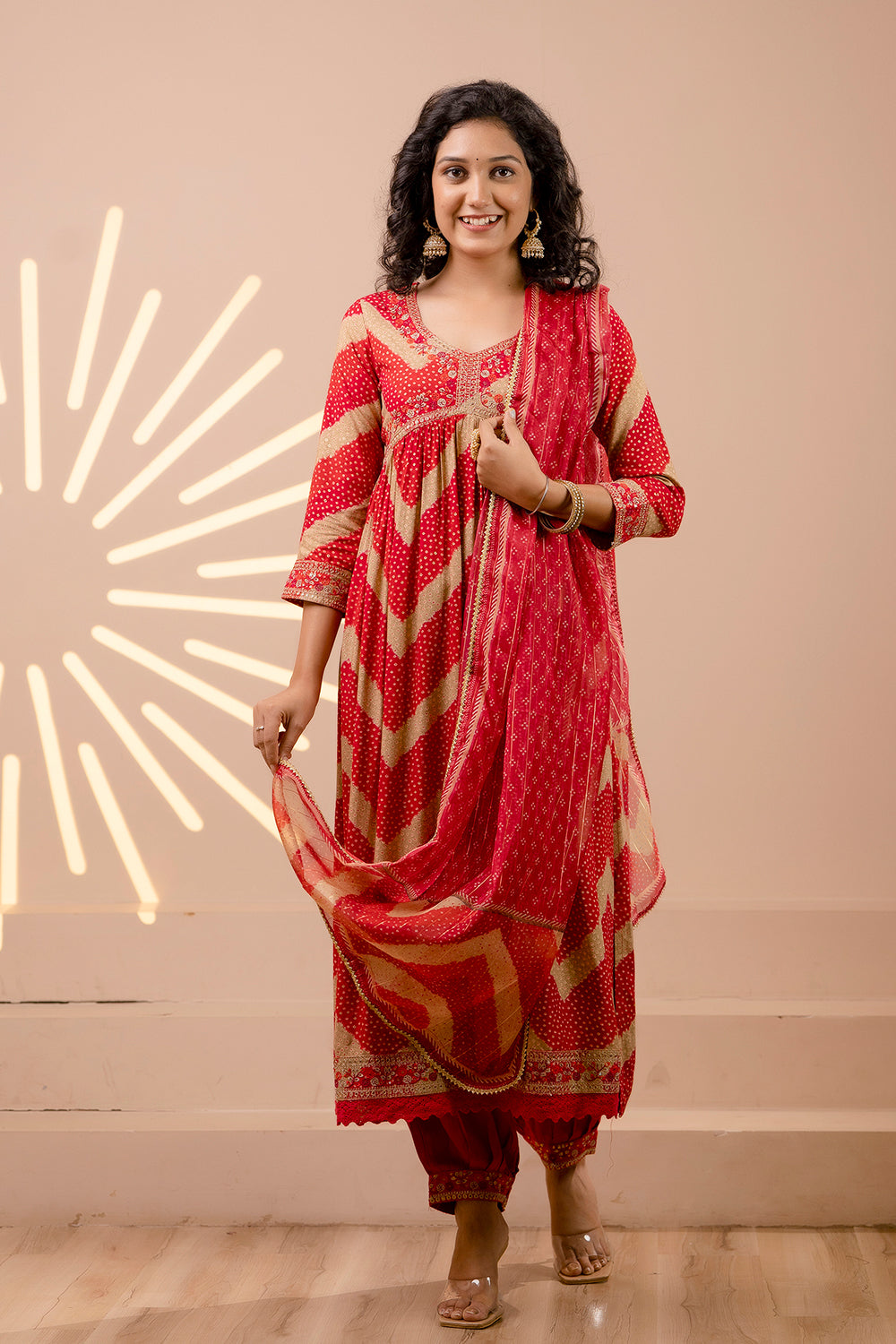 Red Color Muslin Alia-Cut Printed Straight Suit