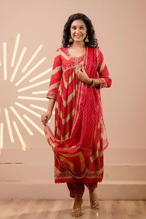 Red Color Muslin Alia-Cut Printed Straight Suit