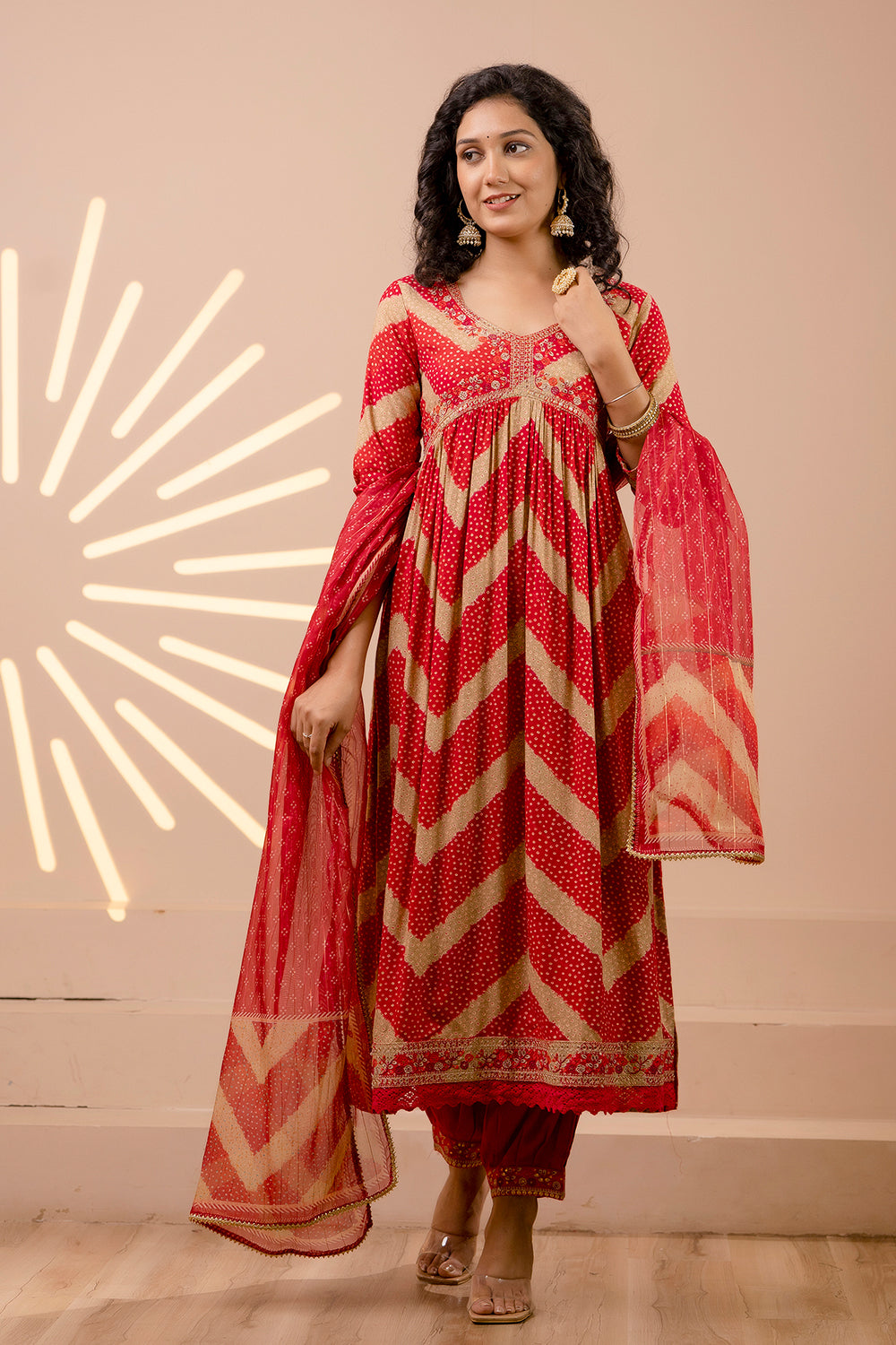 Red Color Muslin Alia-Cut Printed Straight Suit