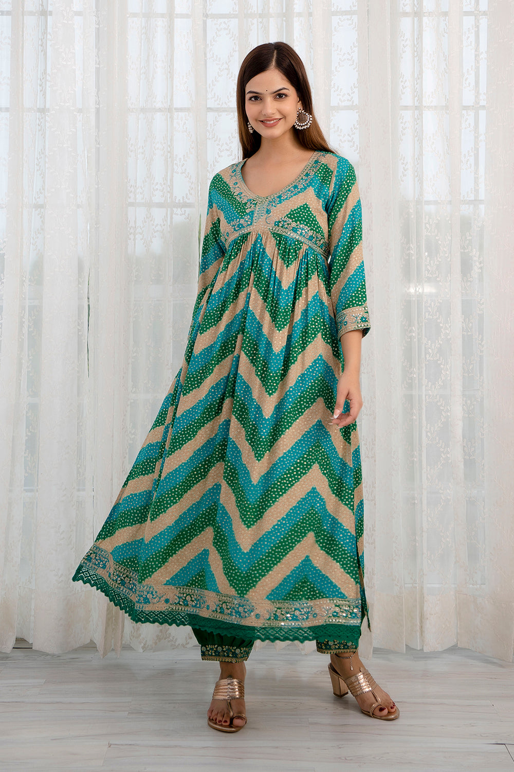 Turquoise & Green Color Cotton Alia-Cut Printed Straight Suit