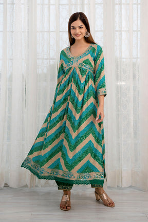 Turquoise & Green Color Cotton Alia-Cut Printed Straight Suit