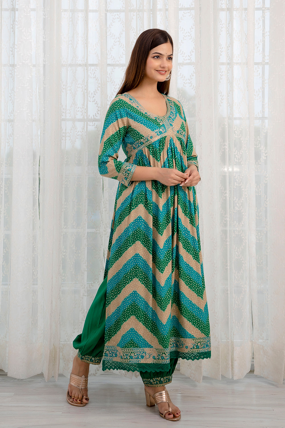Turquoise & Green Color Cotton Alia-Cut Printed Straight Suit