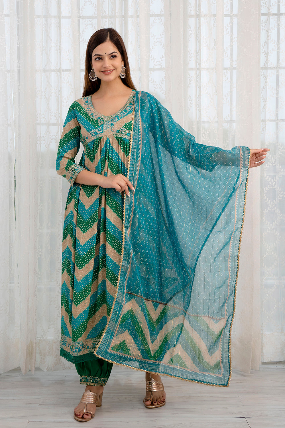 Turquoise & Green Color Cotton Alia-Cut Printed Straight Suit