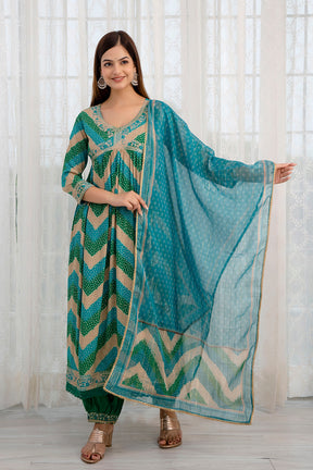 Turquoise & Green Color Cotton Alia-Cut Printed Straight Suit